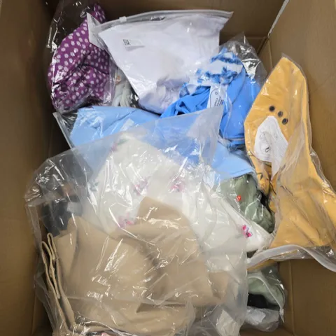 LARGE BOX OF APPROXIMATELY 20 ASSORTED CLOTHING ITEMS IN VARIOUS SIZES, STYLES AND COLOUR