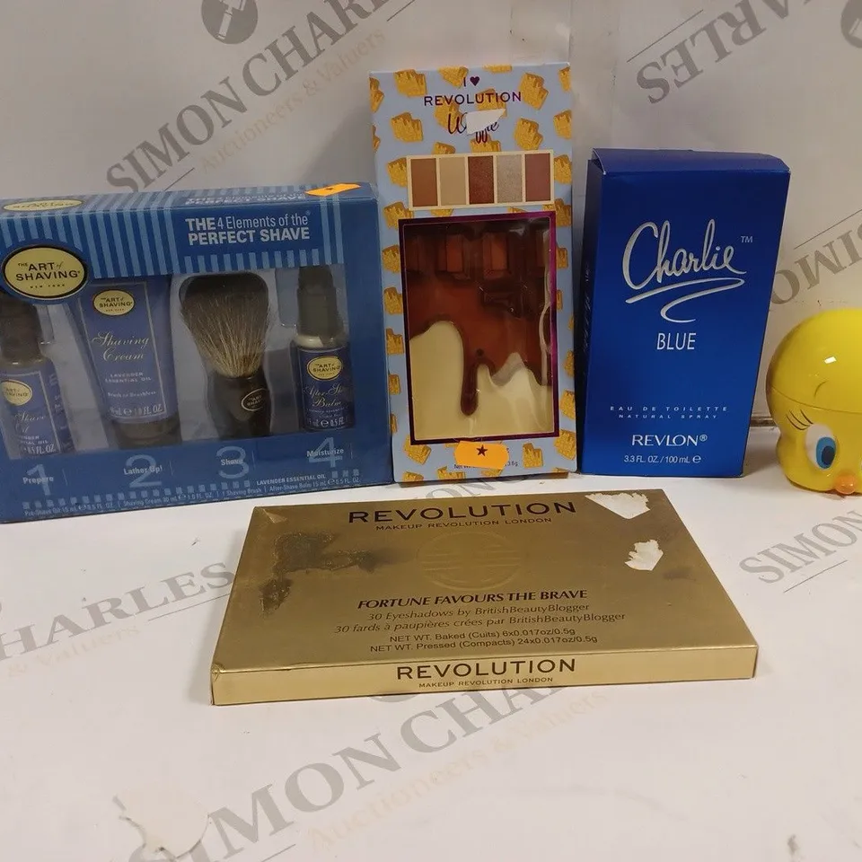 BOX OF APPROXIMATELY 15 ASSORTED HEALTH AND BEAUTY ITEMS TO INCLUDE ART SHAVING, CHARLIE BLUE, REVOLUTION EYESHADOW PALLET ETC