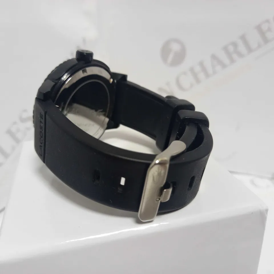 LACOSTE BLACK DIAL YELLOW ACCENT RUBBER STRAP WATCH  RRP £119