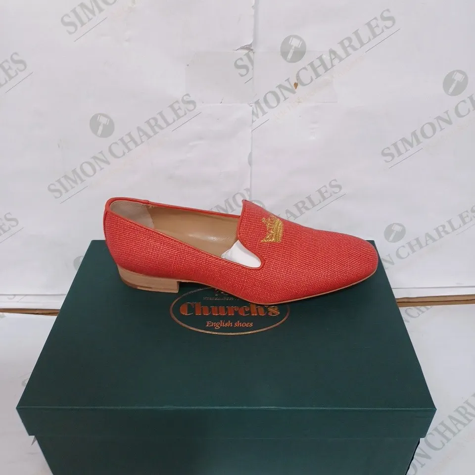 PAIR OF NORTHAMPTON, ENGLAND CHURCH'S FLORAL LINEN SHOES- RED/GOLD / SIZE: 37.5 EU 