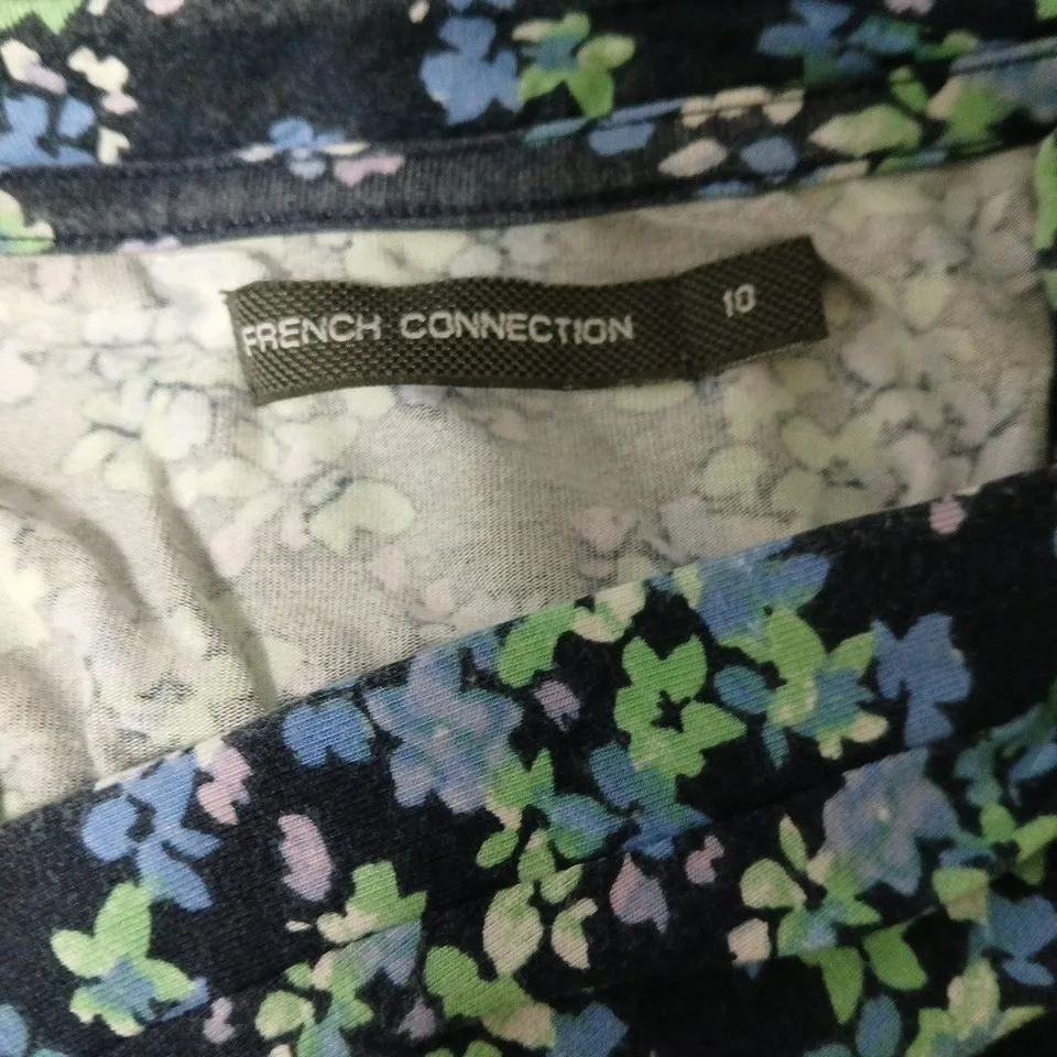FRENCH CONNECTION FLORAL PRINT DRESS, NAVY WITH GREEN/BLUE FLOWERS – UK 10