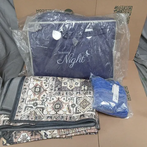 LARGE QUANTITY OF ASSORTED ITEMS TO INCLUDE RUGS, WOMENS CLOTHING & SERENITY NIGHT BEDDING, ETC - COLLECTION ONLY