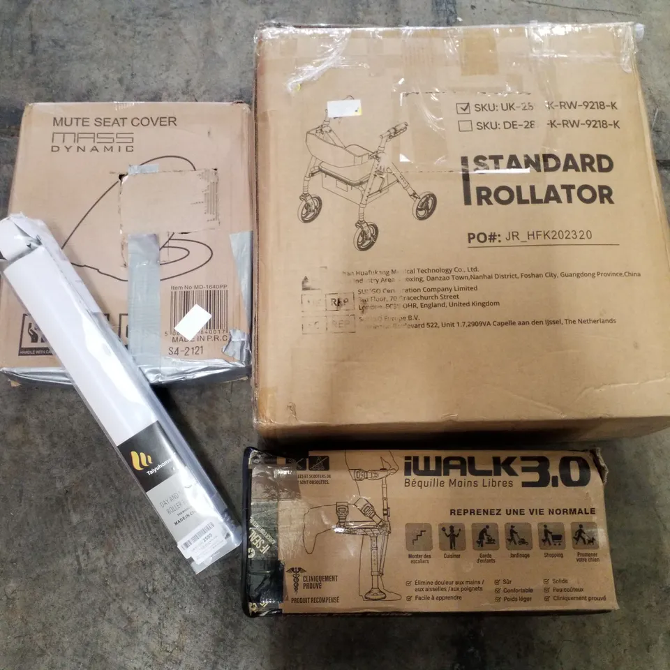 PALLET OF ASSORTED PRODUCTS INCLUDING STANDARD ROLLATOR, TOILET SEAT, DAY & NIGHT ROLLER BLIND, HANDS FREE CRUTCH