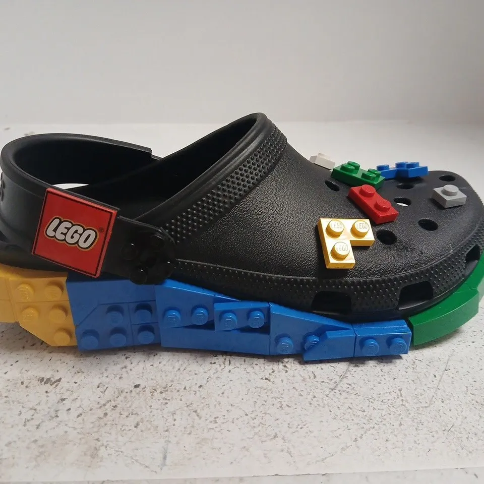CROCS BLACK CLOGS WITH LEGO BRICK EMBELLISHMENTS - SIZE 7
