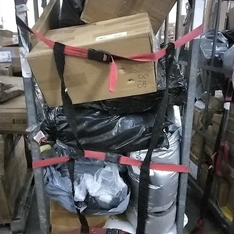 CAGE OF ASSORTED HOUSEHOLD GOODS TO INCLUDE SUITCASE, FOLDABLE COMPUTER DESK AND CEREAL MACHINE 