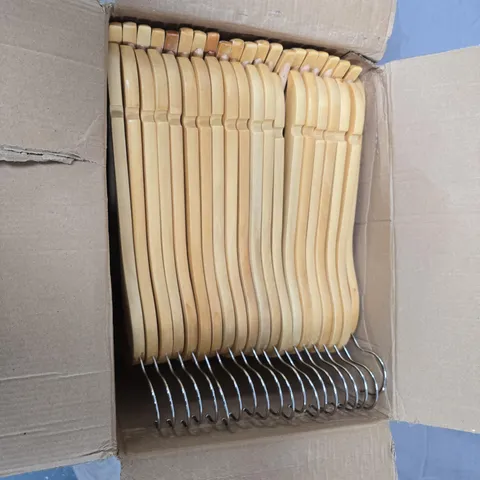 BOX OF APPROXIMATELY 40 WOODEN HANGERS
