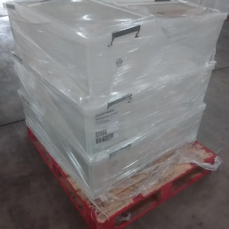 PALLET OF 54L STRONG STACKABLE PLASTIC STORAGE CONTAINERS 