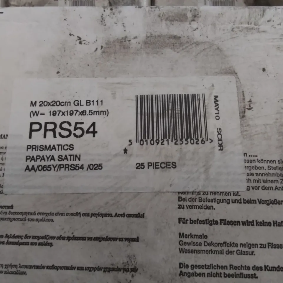 PALLET TO CONTAIN APPROX 96 X PACKS OF JOHNSON BRAND NEW PRISMATIC GLAZED WALL TILES IN PAPAYA SATIN - 25 TILES PER BOX // TILE SIZE: 197 X 197 X 6.5mm