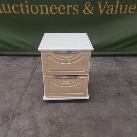 DESIGNER 2 DRAWER WOODEN BEDSIDE TABLE ON WHEELS
