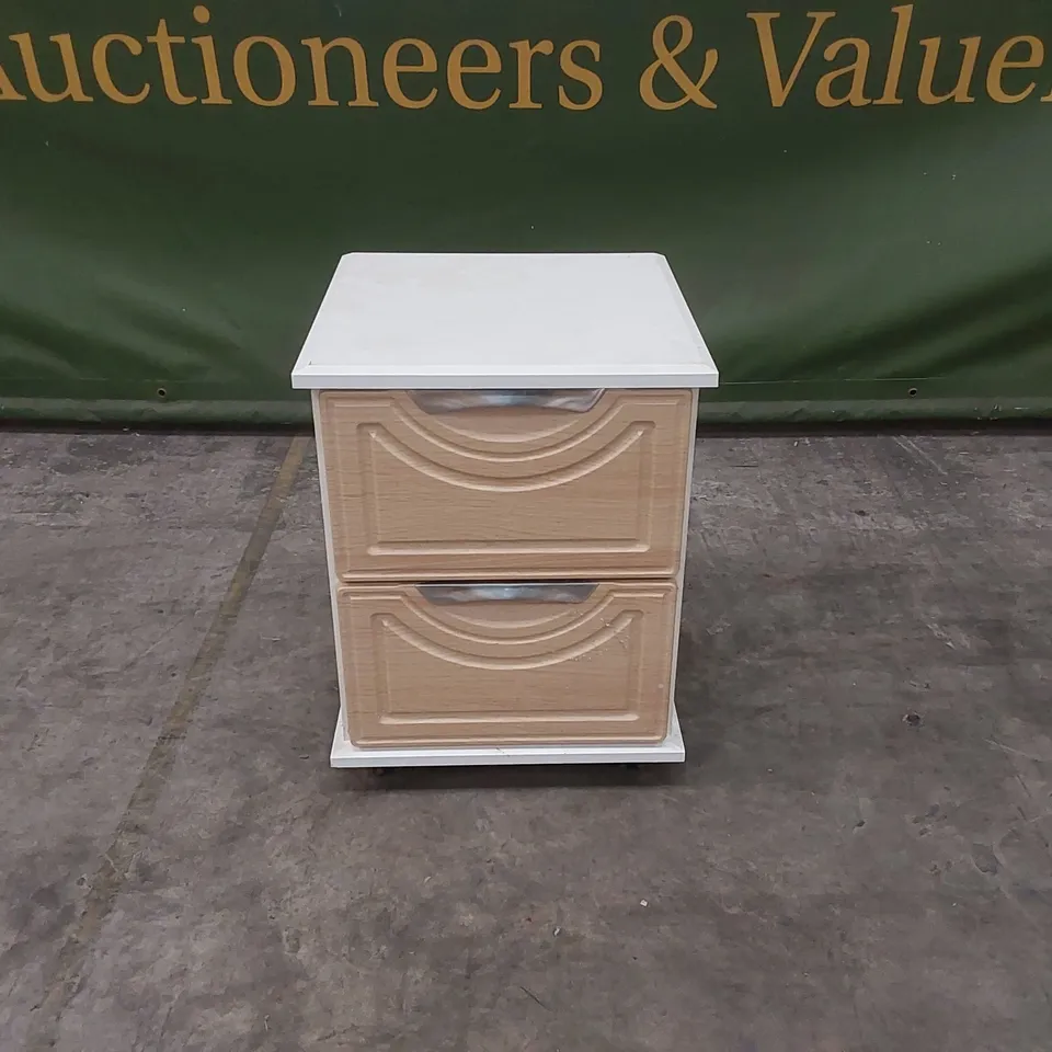 DESIGNER 2 DRAWER WOODEN BEDSIDE TABLE ON WHEELS