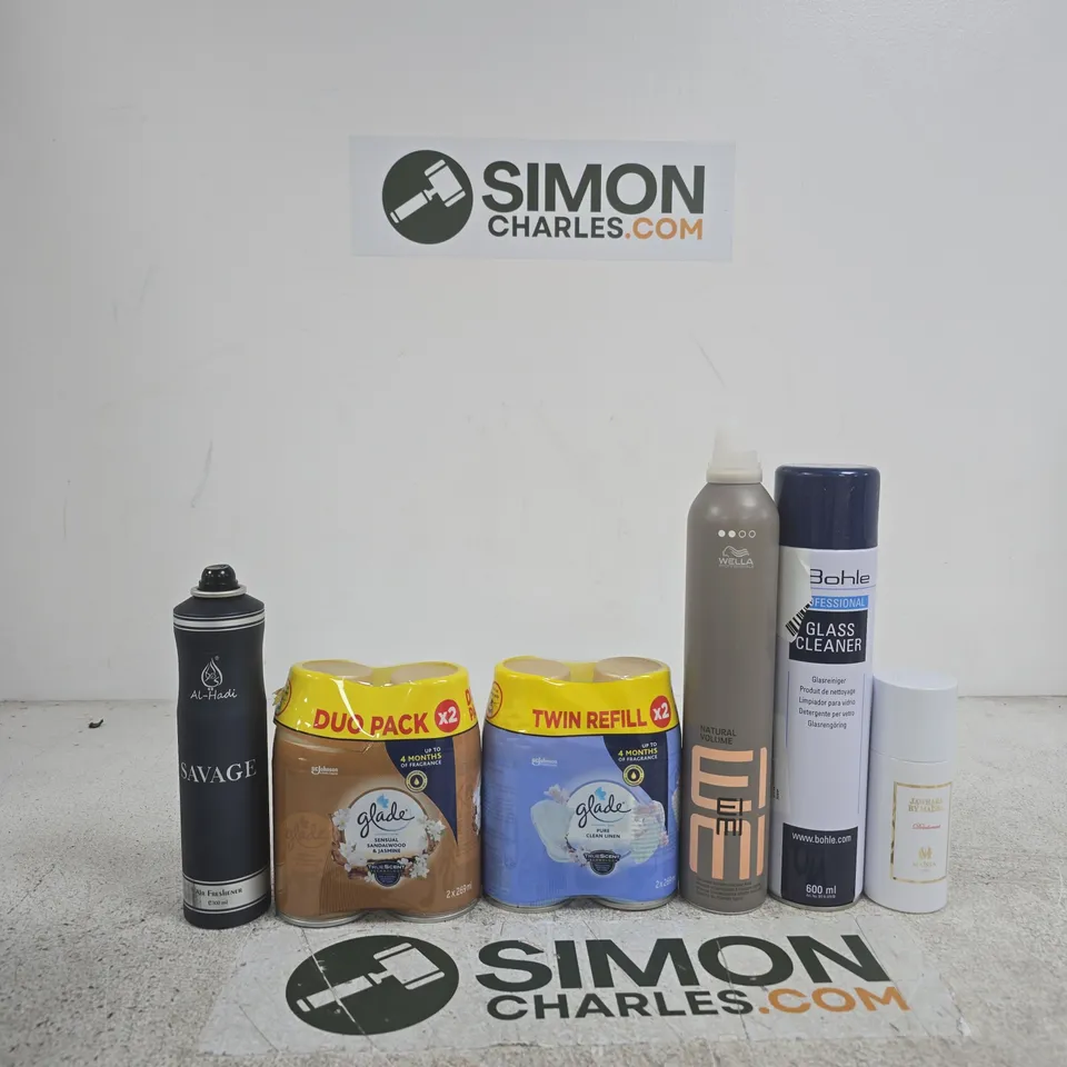 APPROXIMATELY 10 ASSORTED ITEMS INCLUDING JAWHARA BY MAISSA DEODORANT, BOHLE GLASS CLEANER AD WELLA NATURAL VOLUME EIMI