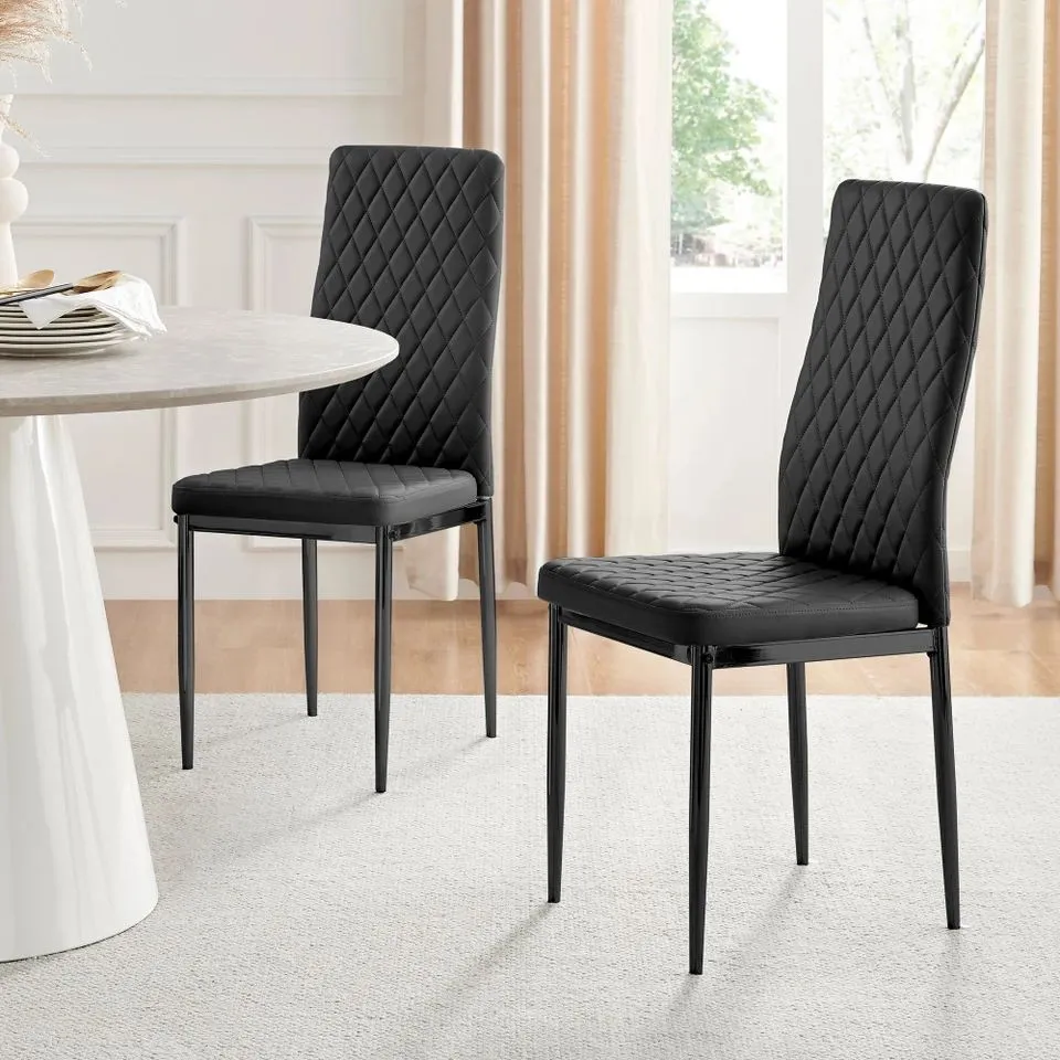 BOXED MILAN BLACK HATCHED FAUX LEATHER DINING CHAIRS BLACK LEGS (SET OF 4)