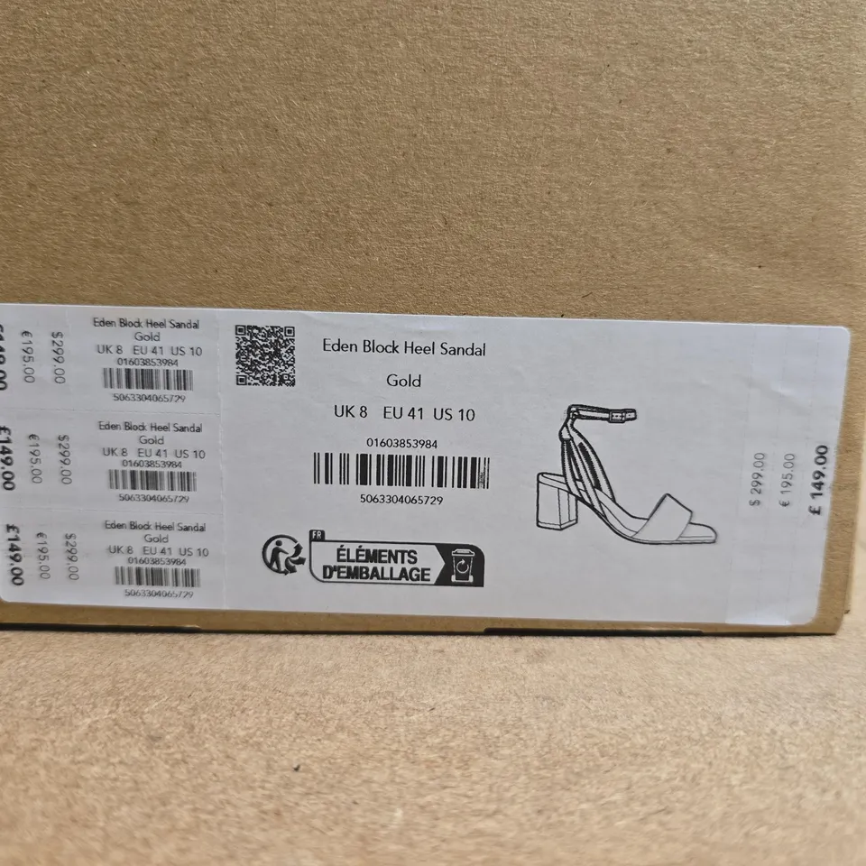 BOXED PAIR OF WHISTLES EDEN BLOCK HEEL SANDAL – GOLD, UK SIZE 8