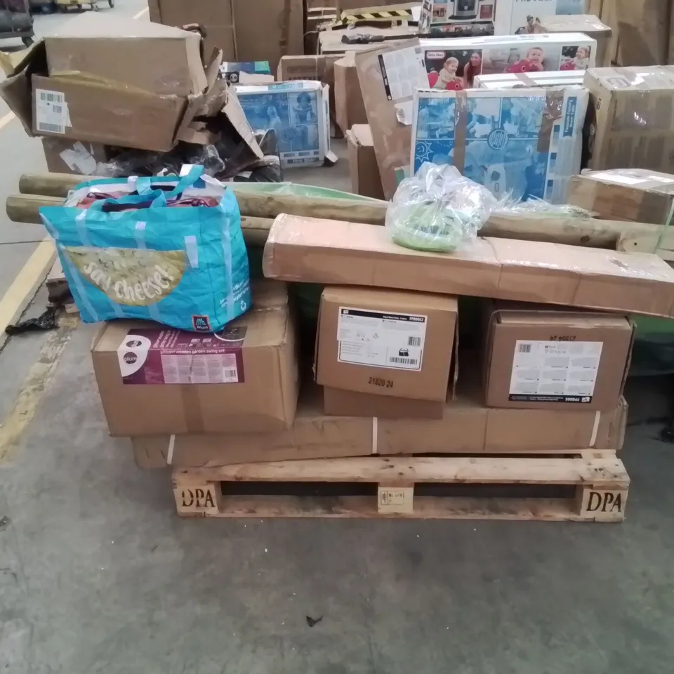 PALLET CONTAINING AN ASSORTMENT OF INCOMPLETE  GARDEN PLAY GROUND ITEMS SLIDE AND SWINGS ECT 