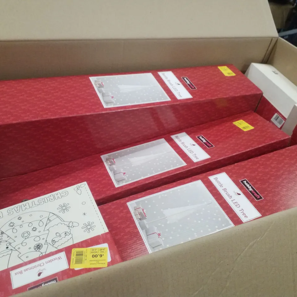 PALLET CONTAINING ASSORTED CHRISTMAS PRODUCTS & DECORATIONS INCLUDING BOTTLE BRUSH LED TREE, WOODEN CHRISTMAS BOXES, PILLAR CANDLES & REFILLABLE CHRISTMAS CRACKERS