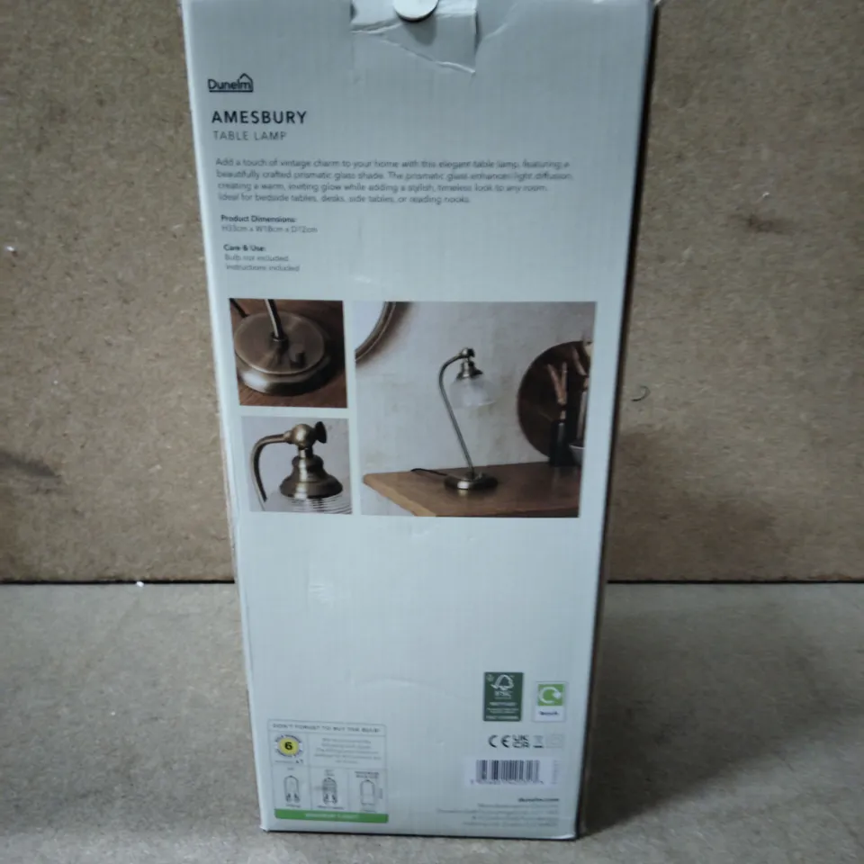 BOXED DUNELM AMESBURY TABLE LAMP – ANTIQUE BRASS EFFECT & CLEAR GLASS SHADE