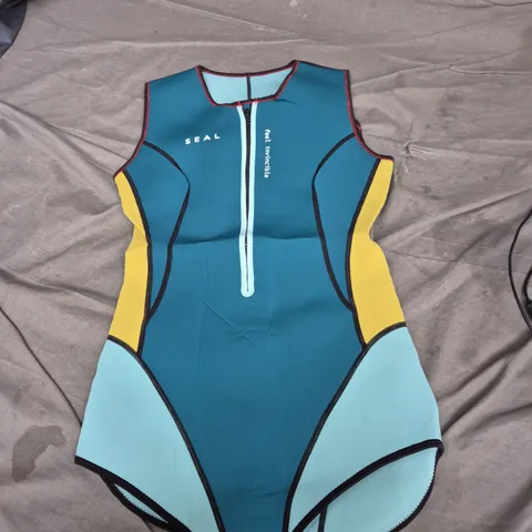 SEAL WETSUIT VEST – SLEEVELESS, FRONT ZIP, BLUE/TEAL WITH YELLOW PANELS