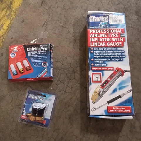 BOXED OF ASSORTED TOOLS TO INCLUDE - AIRLINE TYRE INFLATOR WITH GAUGE, DEEP IMPACT SOCKET SET, PRESSURE VALVE