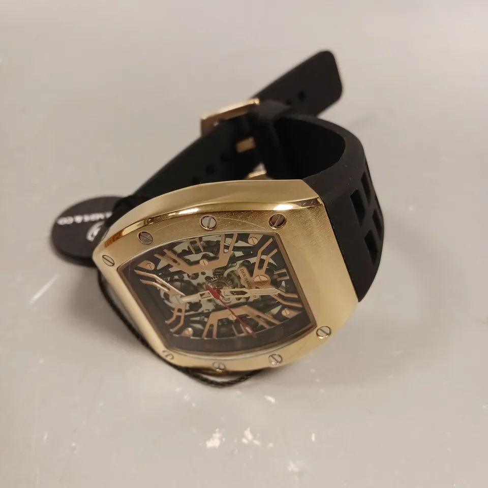 MENS AUTOMATIC DESCHAMPS & CO WATCH – SKELETON DIAL – GLASS EXHIBITION BACK CASE – RUBBER STRAP