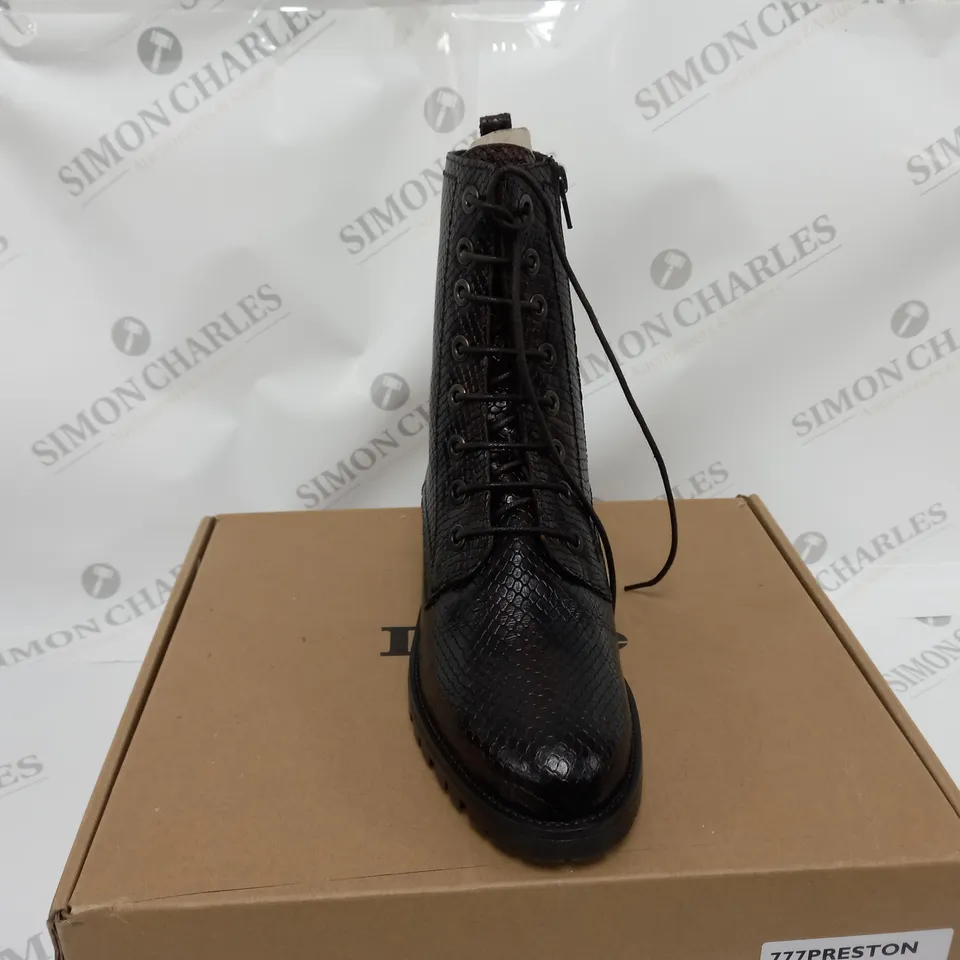 BOXED PAIR OF DUNE LONDON PRESTONE HIKER BOOTS REPTILE/BLACK SIZE 6