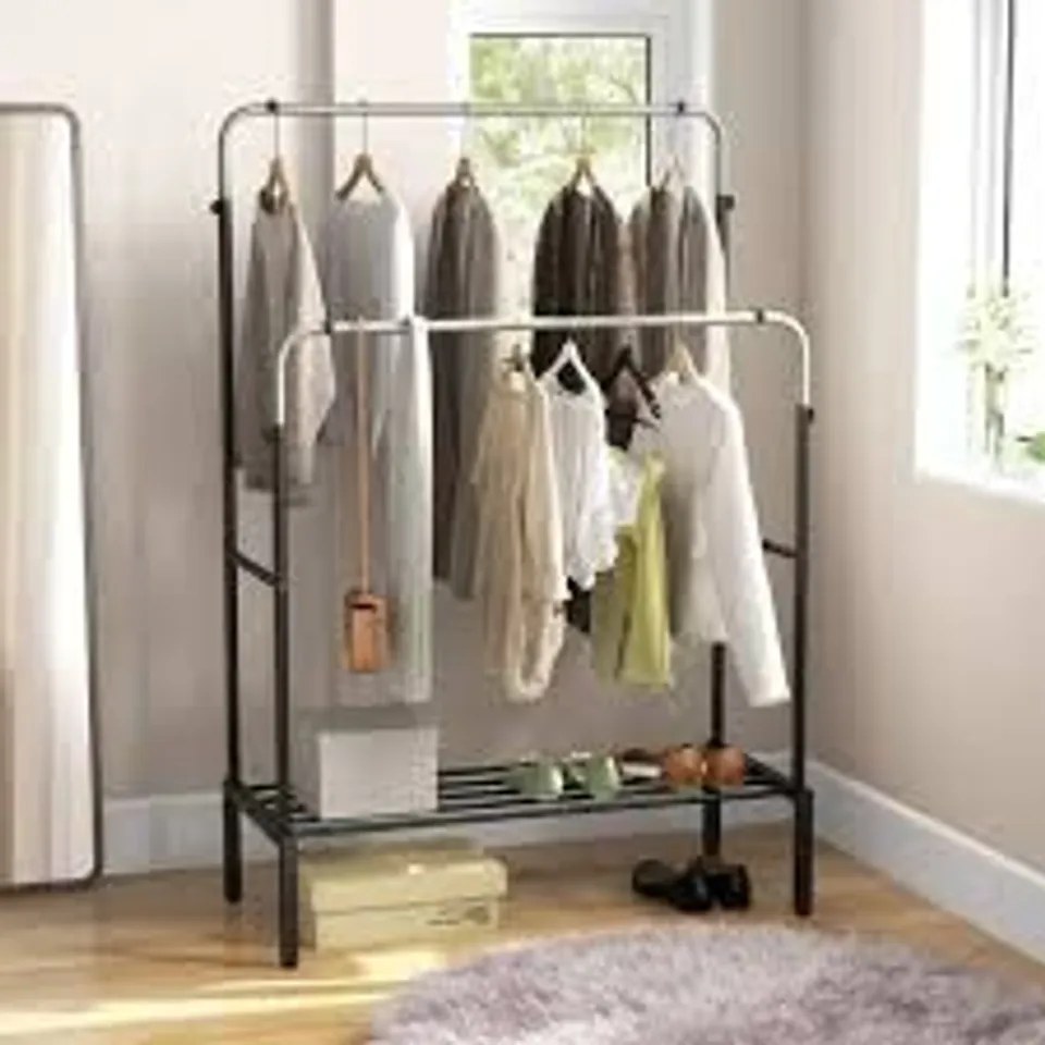 BOXED COSTWAY SINGLE SHELF SILVER METAL CLOTHES STAND RACK WITH 2 RODS