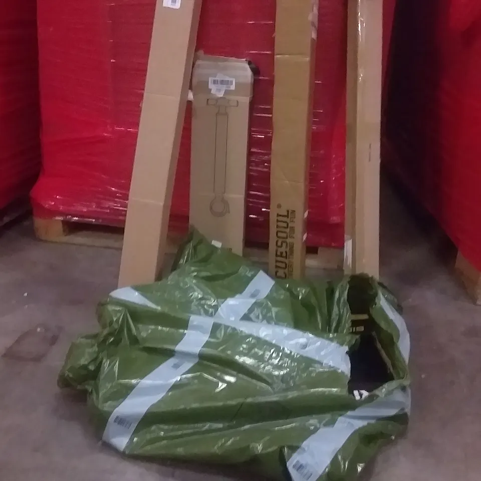 PALLET OF ASSORTED BOXED ITEMS SUCH AS A PLASTIC GRABBER , MAPLE POOL ,SIDESWIPE TOY , LEATHER CUE BAG ,MUSCLE  MATTER 