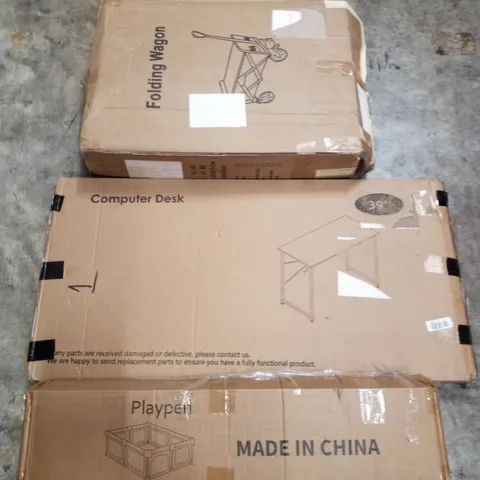 PALLET CONTAINING ASSORTED PRODUCTS INCLUDING PLAYPEN, COMPUTER DESK, FOLDING WAGON & PINK OFFICE CHAIR