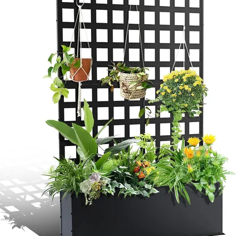 BOXED GARVEE GALVANIZED RAISED GARDEN BED WITH TRELLIS PRIVACY SCREEN - OUTDOOR PLANTER BOX, DRAINAGE HOLES FOR CLIMBING PLANTS, VEGETABLES & HERBS, PATIO/BALCONY USE - BLACK