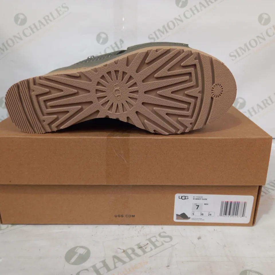 BOXED PAIR OF UGG OPEN TOE WEDGE HEELED SANDALS IN GREEN UK SIZE 5