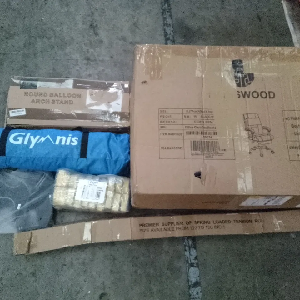 PALLET OF ASSORTED ITEMS INCLUDING ROUND BALLOON ARCH STAND, SPRING LOADED TENSION ROD, DOG HARNESS, GLYANIS TENT, SPONGE SCOURERSOFFICE CHAIR