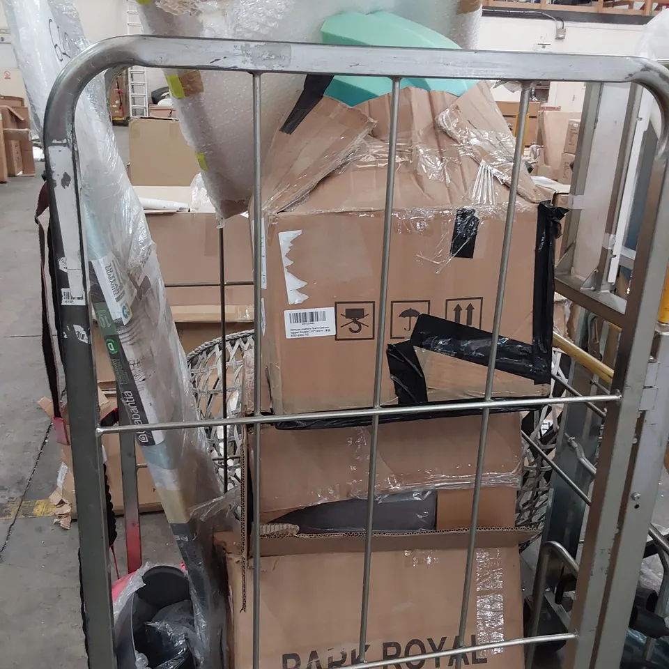 CAGE OF ASSORTED HOUSEHOLD ITEMS, INCLUDING, BRABANTIA IRONING BOARD, DUAL FLUSH CISTERN, FRAMELESS PRINT, DOUBLE FIAM MATTRESS TOPPER, BBQ.
