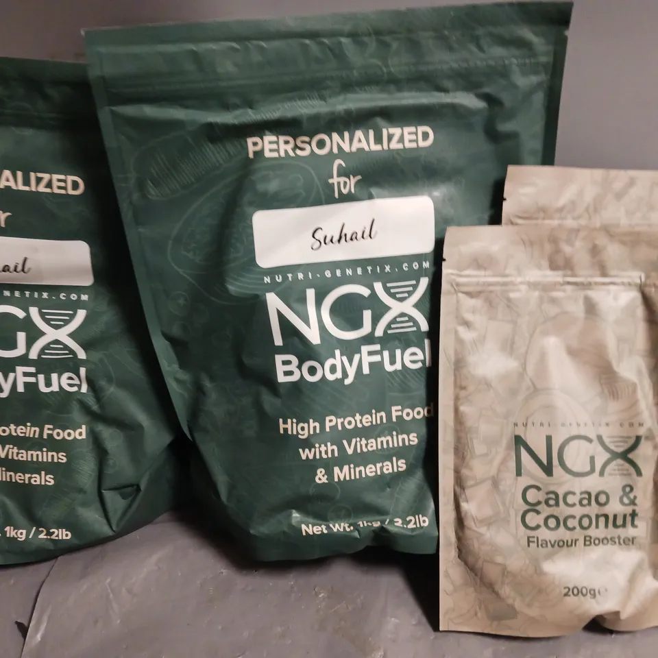 LOT OF 4 NGX FOOD ITEMS TO INCLUDE BODY FUEL AND FLAVOUR BOOSTER