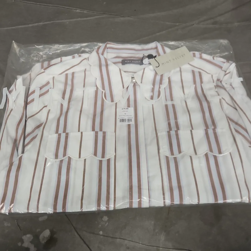 BAGGED MINT VELVET BROWN STRIPE SCALLOP SHIRT - MEDIUM