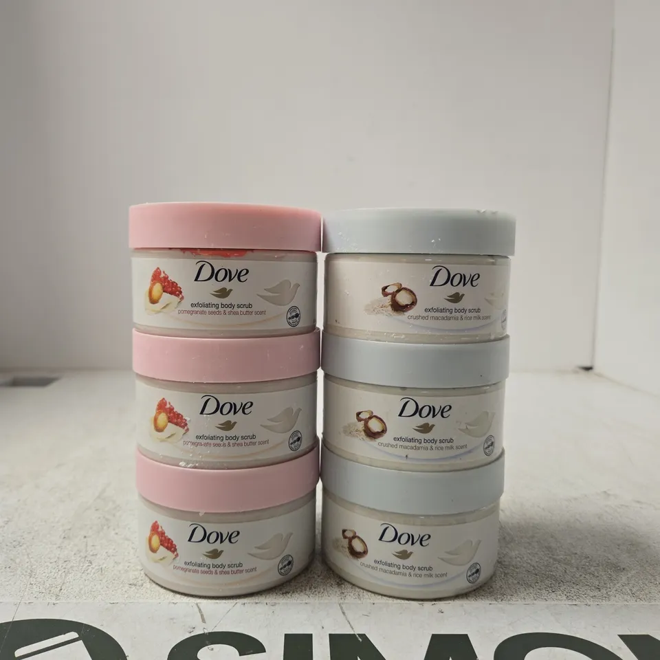 DOVE EXFOLIATING BODY SCRUB – SET OF 6 JARS (PINK & BLUE LIDS)