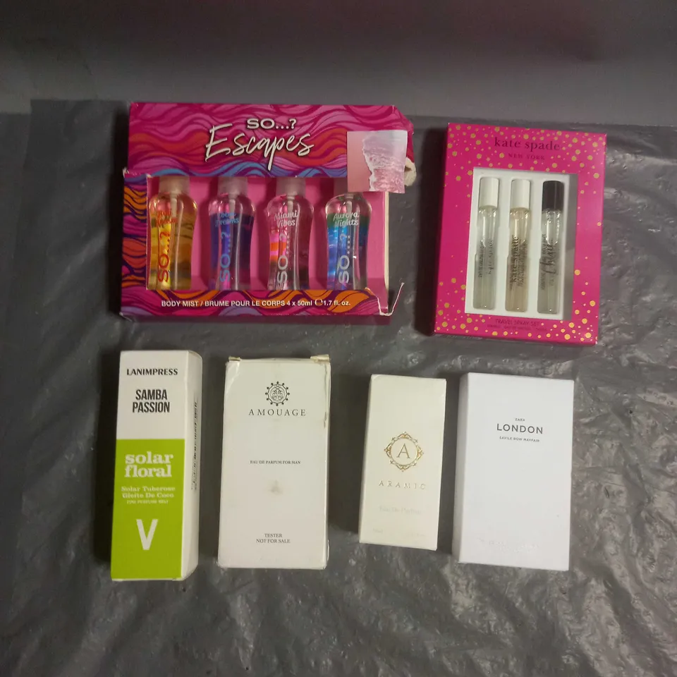 BOX OF APPROX 6 ASSORTED BOXED FRAGRANCES TO INCLUDE - ZARA LONDON SAVILLE ROW MAYFAIR - SO..? ESCAPES BODY MIST - LANIMPRESS SOLAR FLORAL - ETC
