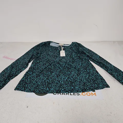 MUDDFLOWER WOMEN’S TOP – TEAL/BLACK LEAF PATTERN, LONG SLEEVES, TIE-NECK, UK 10 (EU 38, US 6) 