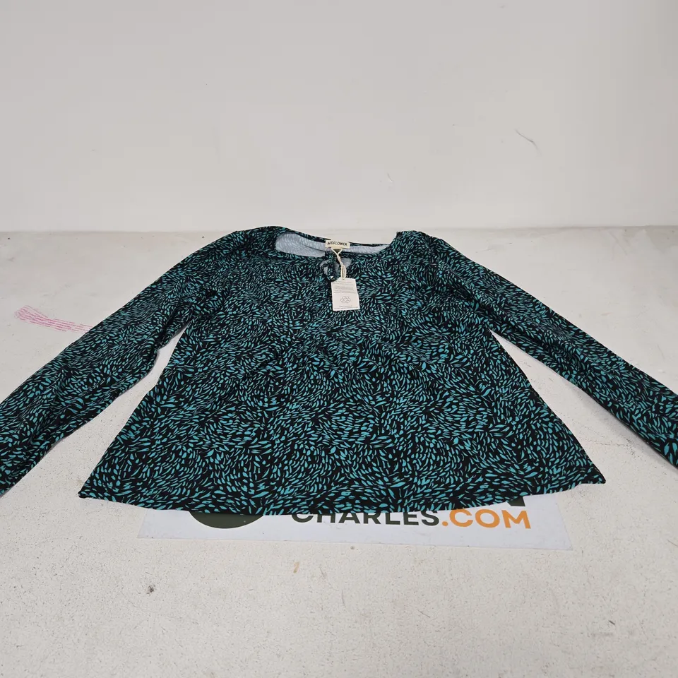 MUDDFLOWER WOMEN’S TOP – TEAL/BLACK LEAF PATTERN, LONG SLEEVES, TIE-NECK, UK 10 (EU 38, US 6)
