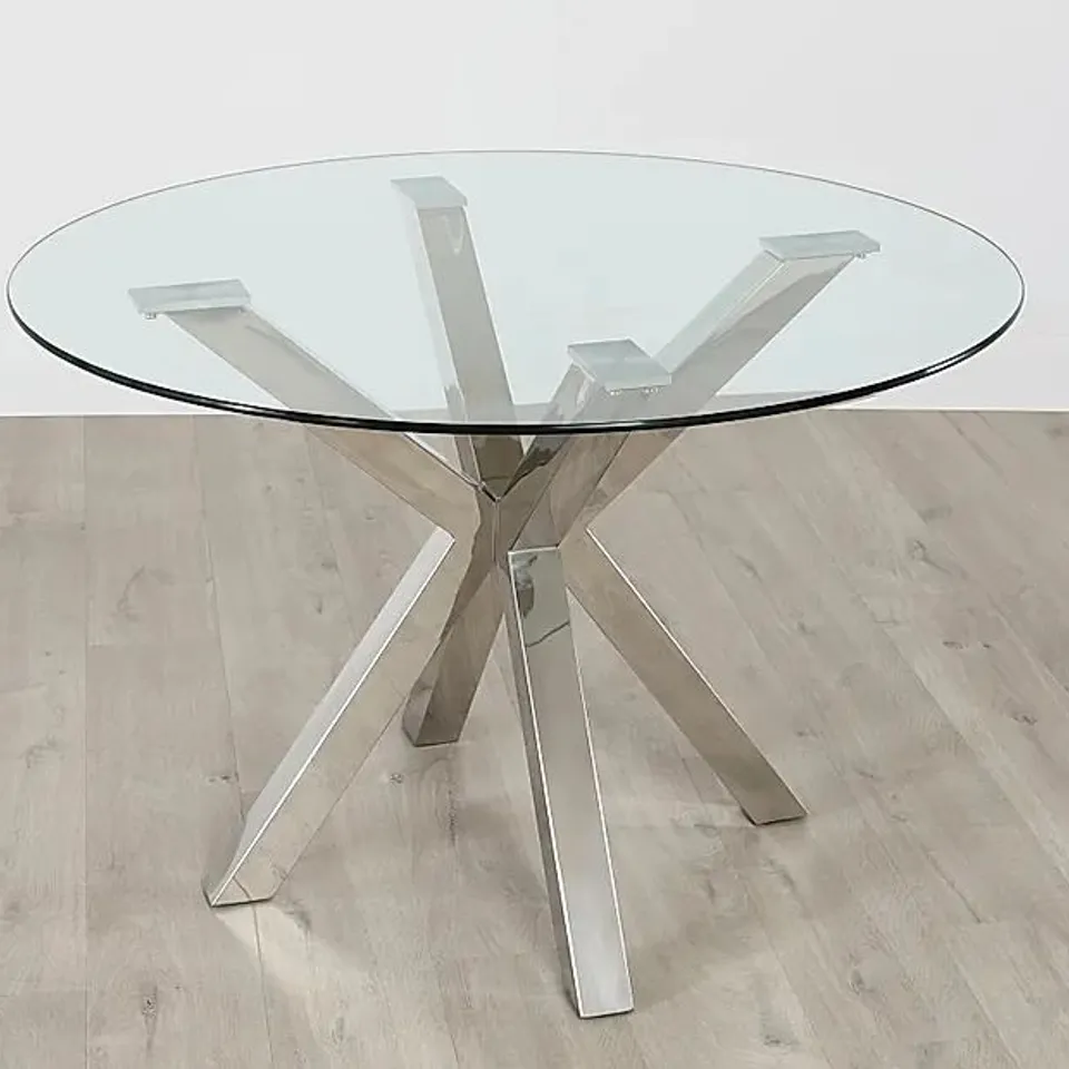BOXED PLAZA ROUND CHROME AND GLASS 110CM DINING TABLE (BOX 1 OF 2 ONLY)