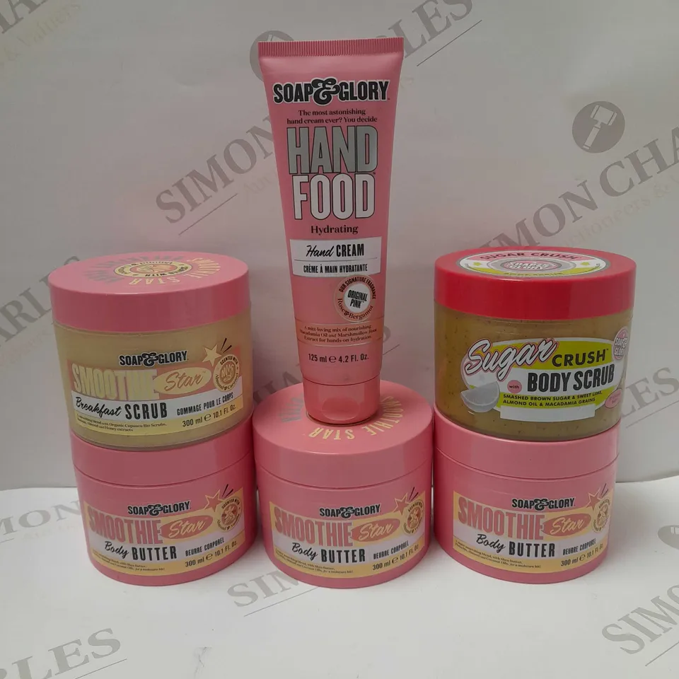 LOT OF 6 ASSORTED SOAP&GLORY PRODUCTS TO INCLUDE BODY SCRUB, BODY BUTTER, HAND CREAM 