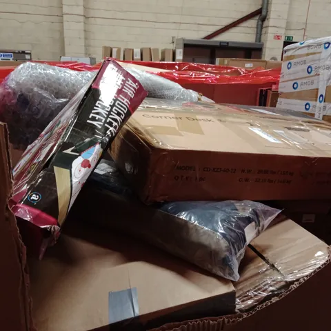 PALLET OF ASSORTED HOUSEHOLD GOODS AND PRODUCTS TO INCLUDE;CORNER DESK,AIR HOCKEY GAME, CAMPING CHAIR