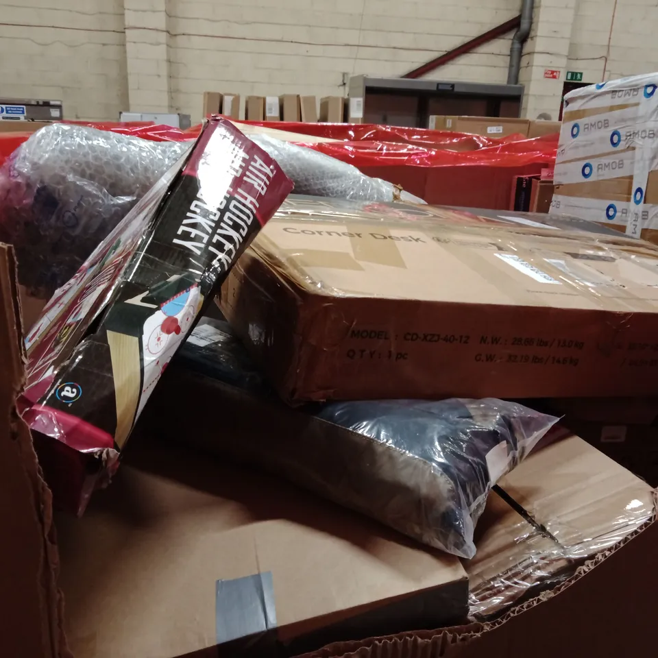 PALLET OF ASSORTED HOUSEHOLD GOODS AND PRODUCTS TO INCLUDE;CORNER DESK,AIR HOCKEY GAME, CAMPING CHAIR
