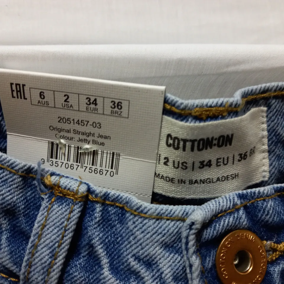 BOX OF APPROX 6 BRAND NEW COTTON:ON ORIGINAL STRAIGHT JEAN - JETTY BLUE SIZE AUS 6