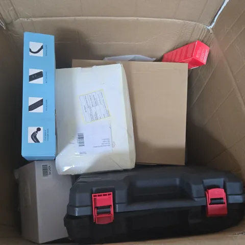 LARGE BOX OF APPROX 12 ASSORTED ITEMS TO INCLUDE CLOTHING , TOOLS AND MASSAGE GUN