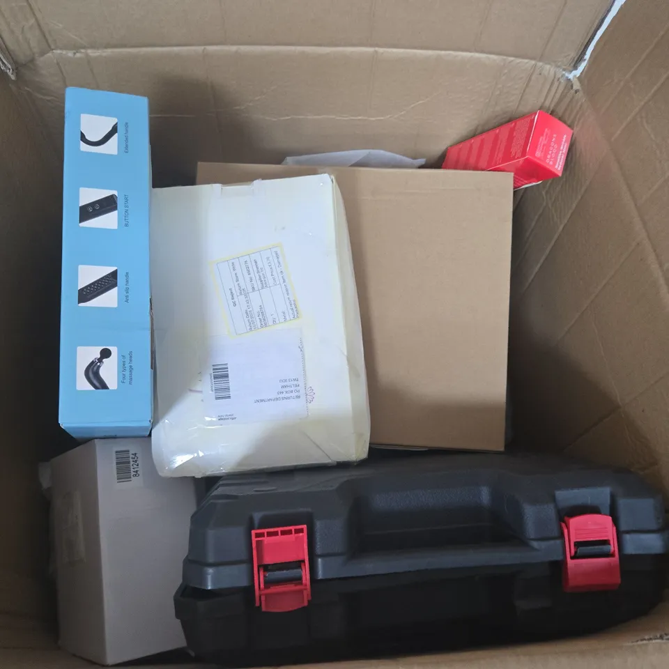 LARGE BOX OF APPROX 12 ASSORTED ITEMS TO INCLUDE CLOTHING , TOOLS AND MASSAGE GUN