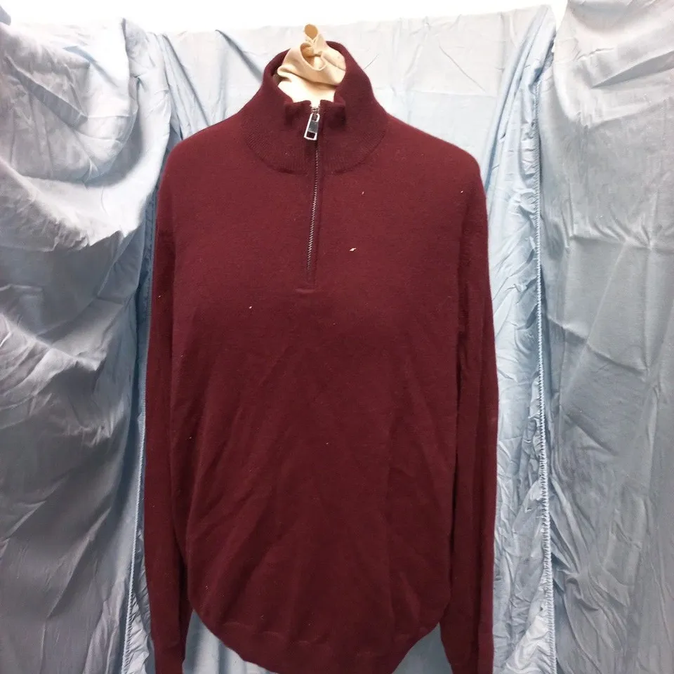 RISE & FALL CASHMERE 1/4 ZIP JUMPER – OXBLOOD, UK SIZE L