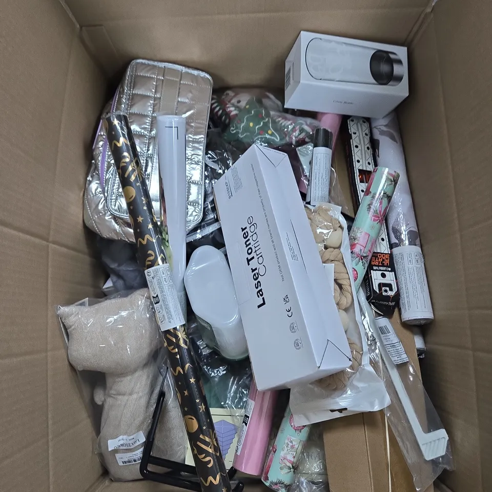 APPROXIMATELY 15 ASSORTED HOUSEHOLD PRODUCTS TO INCLUDE WRAPPING PAPER, LASER TONER AND DOOR STOP