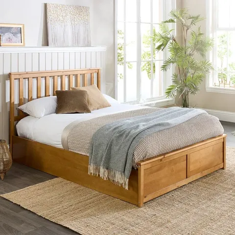 BOXED ALLIVIAH WOODEN OTTOMAN BED - SHAKER STYLE SOLID WOOD STORAGE BED - 4'6" DOUBLE, NATURAL (2 BOXES)