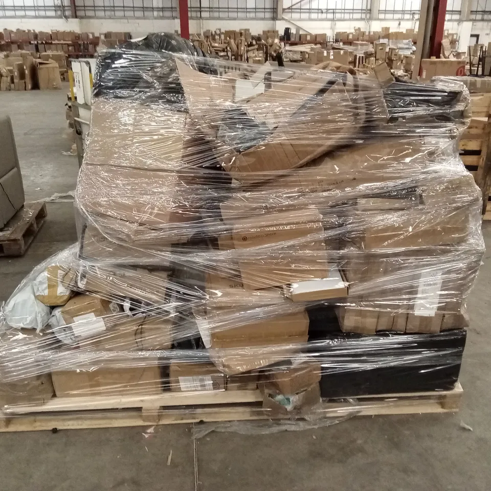 PALLET OF ASSORTED HOUSEHOLD GOODS AND PRODUCTS TO INCLUDE; MICROWAVE, YOGA MATS, PROJECTION SCREEN ETC