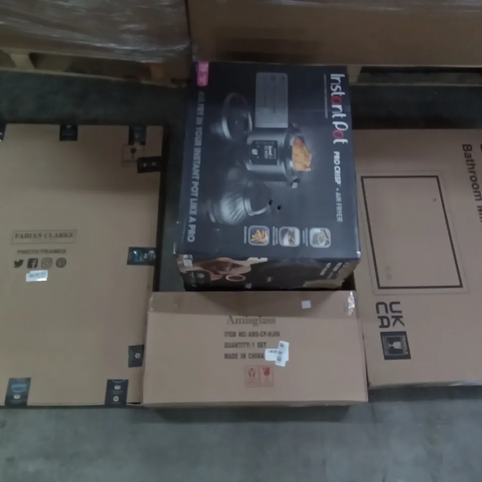 PALLET OF ASSORTED ITEMS INCLUDING FABIAN CLARKE PHOTO FRAMES, AMISGLASS CRYSTAL WIRE GLASS, DRIPEX BATHROOM MIRROR, INSTANT POT AIR FRYER, CLOTHES DRYING RACK