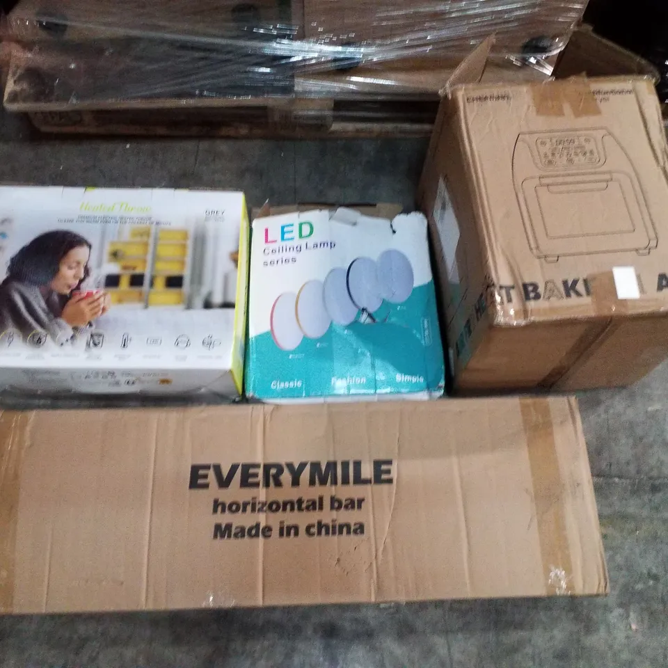 PALLET CONTAINING ASSORTED PRODUCTS INCLUDING HEATED THROW, LED CEILING LAMP, AIR FRYER, HORIZONTAL BAR, EXERCISE BIKE